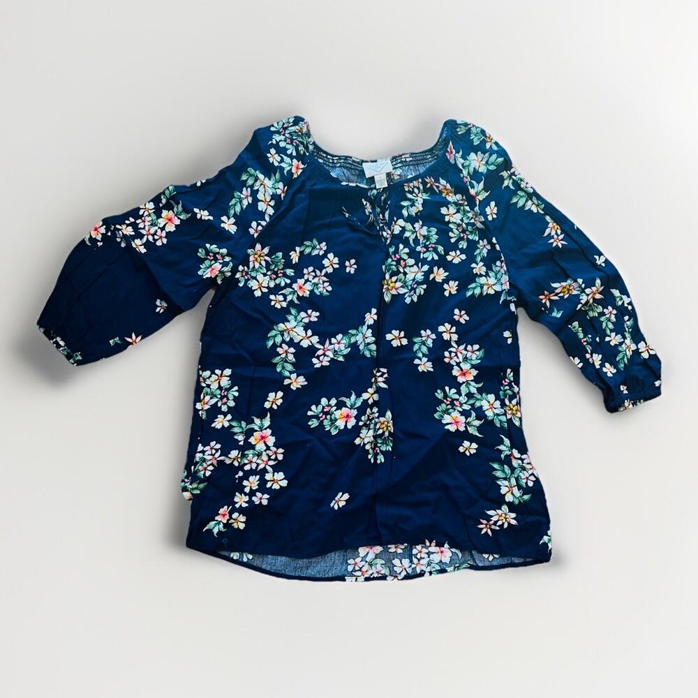 St Johns Bay Navy Blue Floral Peasant Top Boho Blouse L Large 3/4 Sleeve